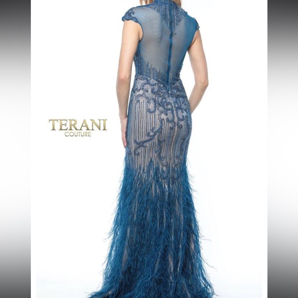 High neck short sleeve blue beaded feather gown Terani style number 1721GL4446 - Picture 2 of 13